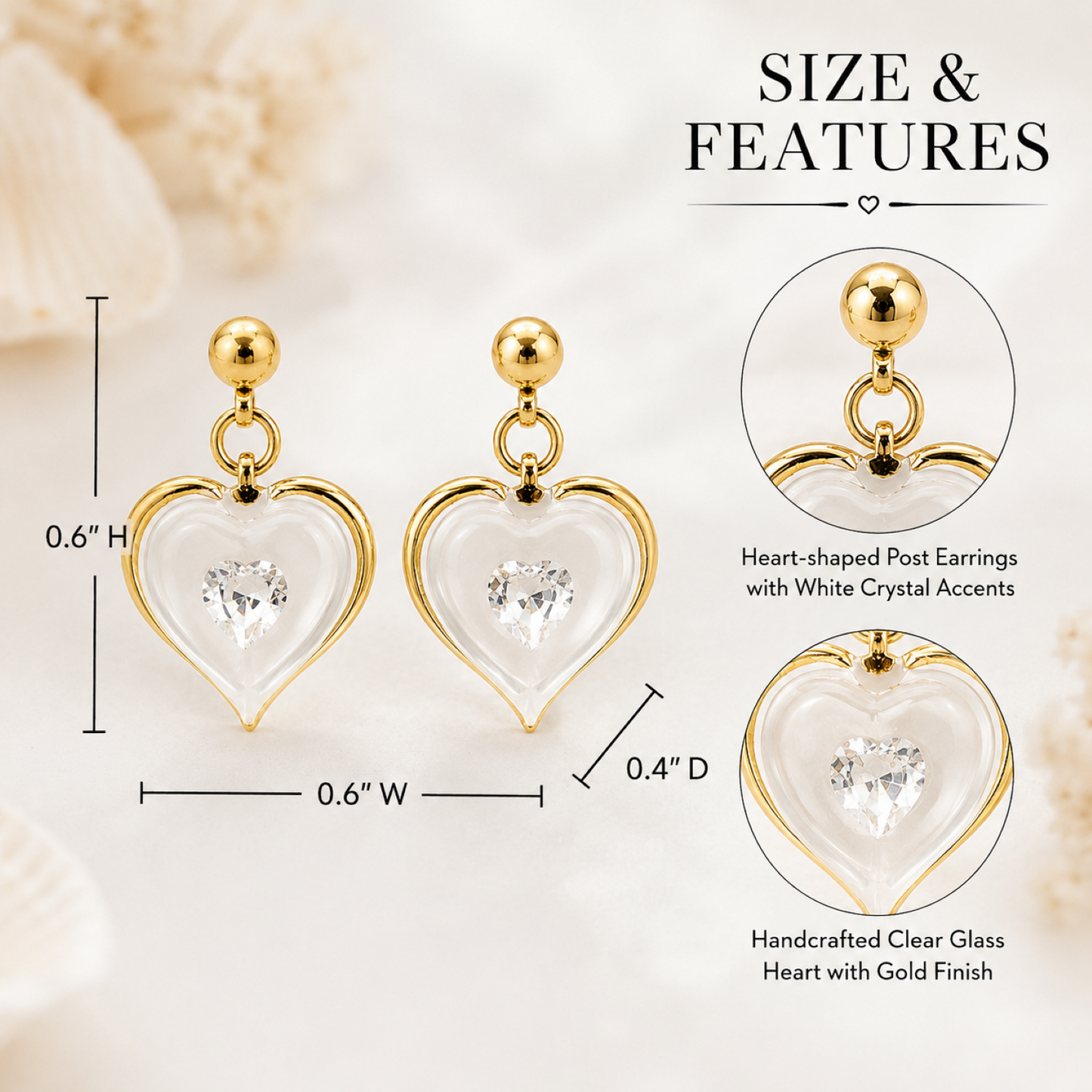 April Birthstone Heart Earrings – White Crystal Stud Earrings, Birthday Gift for Her