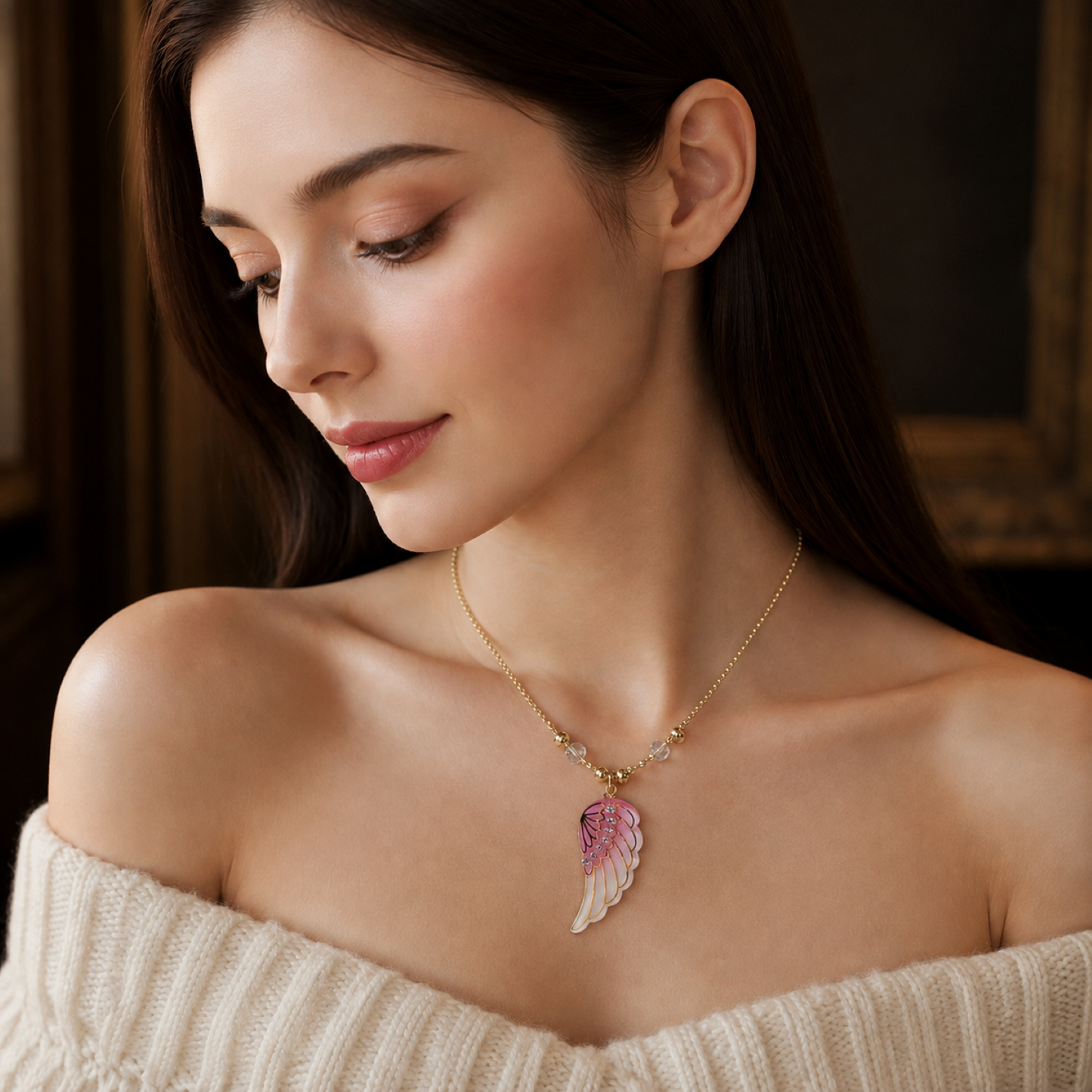 Pink Angel Wing Pendant Necklace, Glass Angel Wing Necklace, Gold Plated Chain Necklace, Crystal Wing Jewelry, Guardian Angel Gift for Women