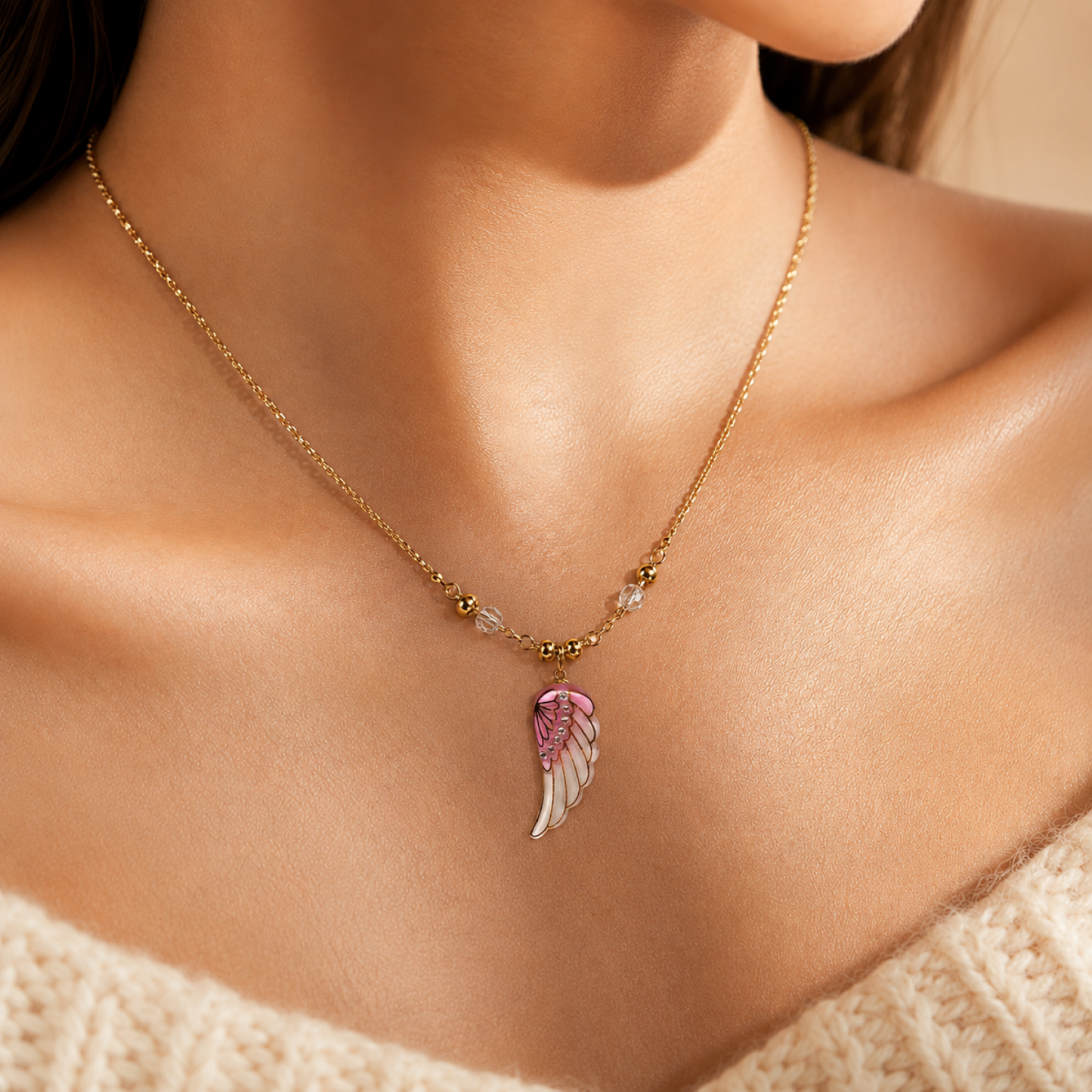 Pink Angel Wing Pendant Necklace, Glass Angel Wing Necklace, Gold Plated Chain Necklace, Crystal Wing Jewelry, Guardian Angel Gift for Women