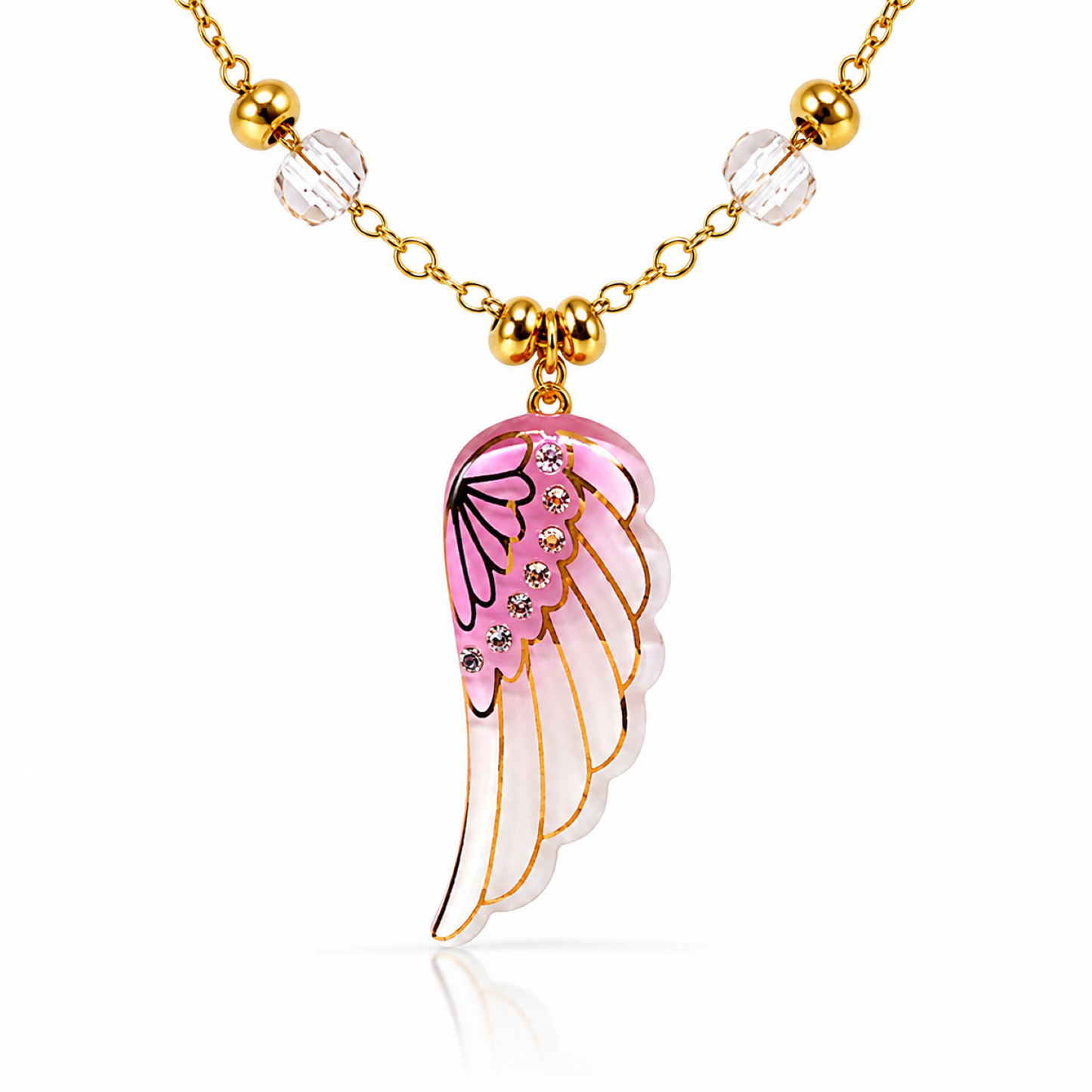 Pink Angel Wing Pendant Necklace, Glass Angel Wing Necklace, Gold Plated Chain Necklace, Crystal Wing Jewelry, Guardian Angel Gift for Women