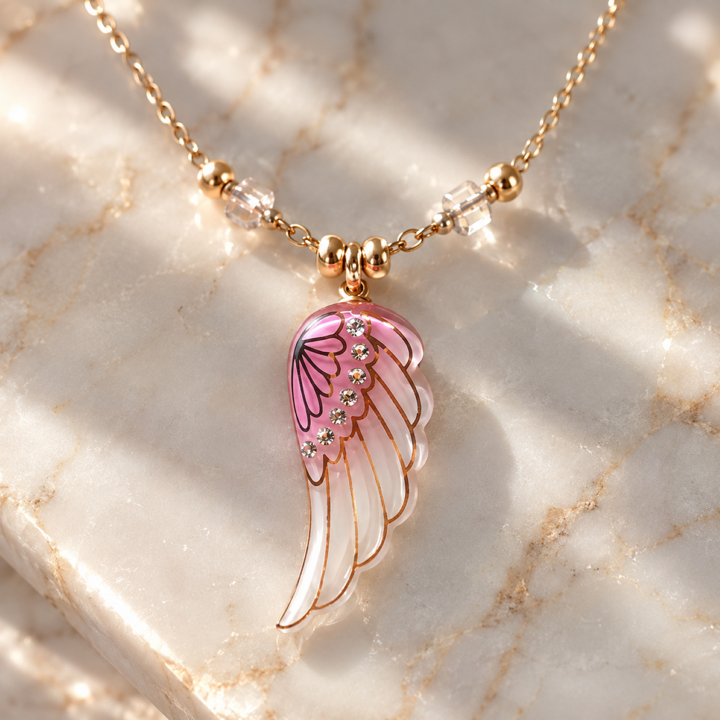 Handcrafted pink glass angel wing pendant necklace with crystal accents on an 18-inch gold plated chain.