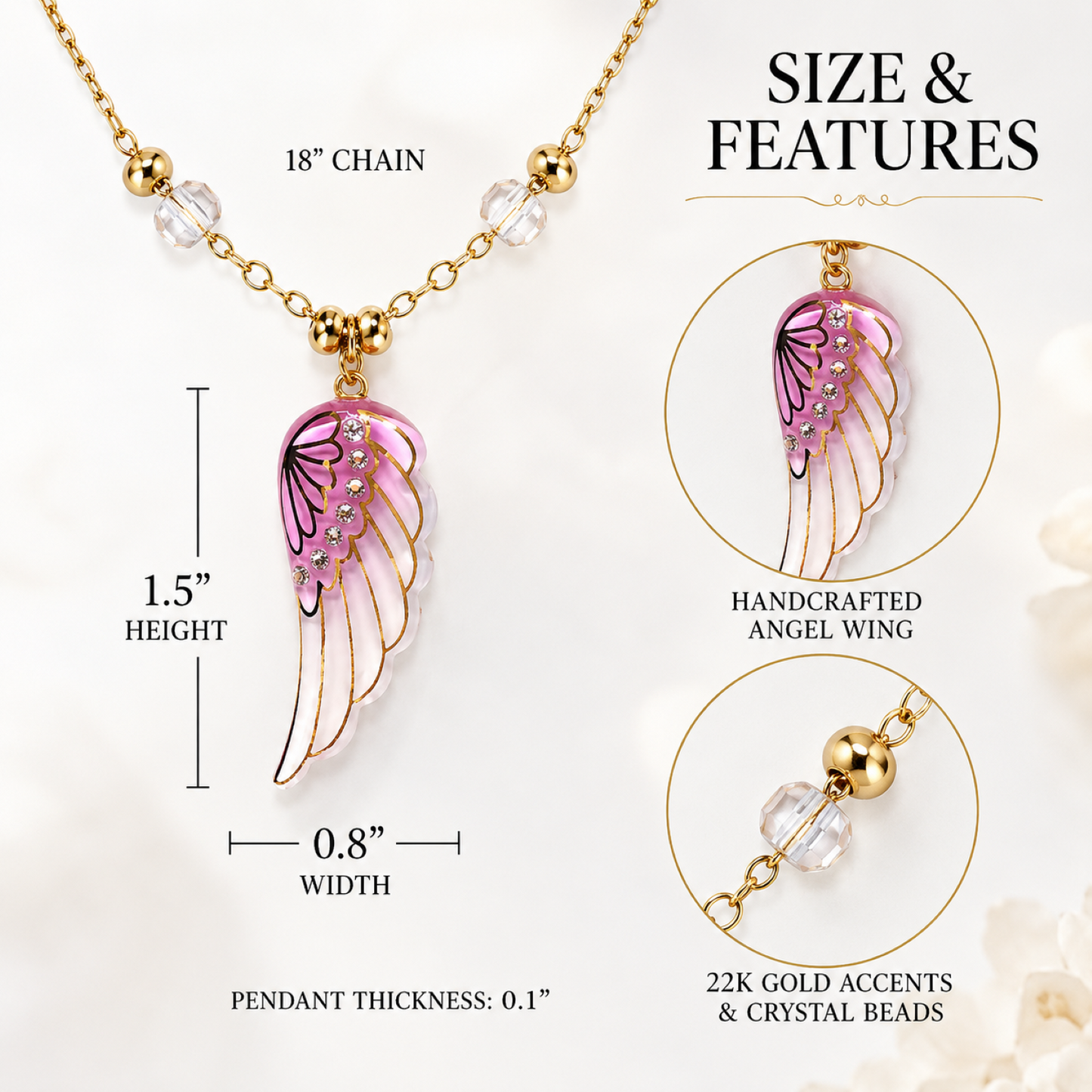 Pink Angel Wing Pendant Necklace, Glass Angel Wing Necklace, Gold Plated Chain Necklace, Crystal Wing Jewelry, Guardian Angel Gift for Women