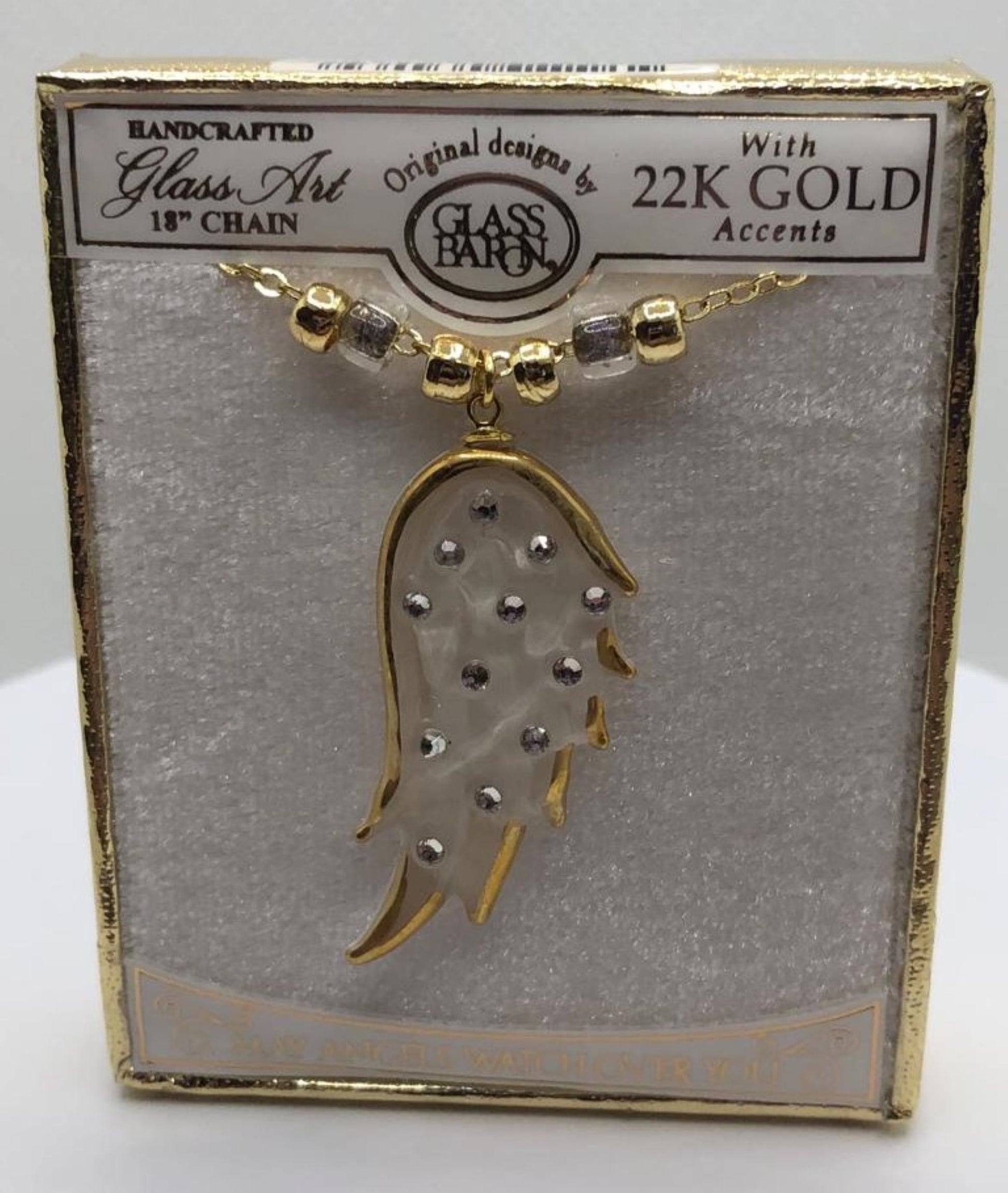 Handcrafted clear angel wing pendant on beaded 18-inch gold plated chain with crystal accents