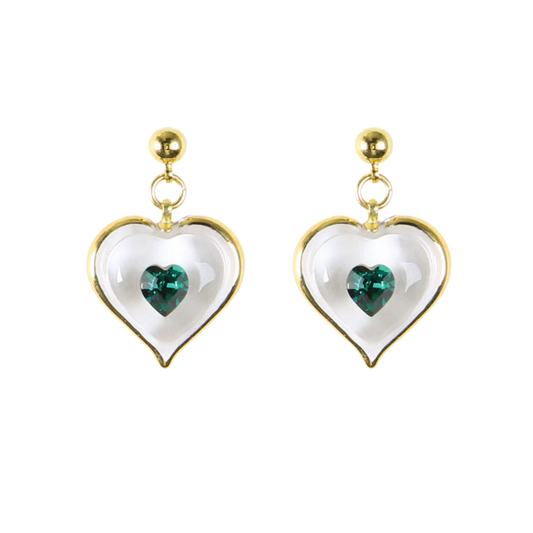 May birthstone heart earrings with green crystal center and gold accents
