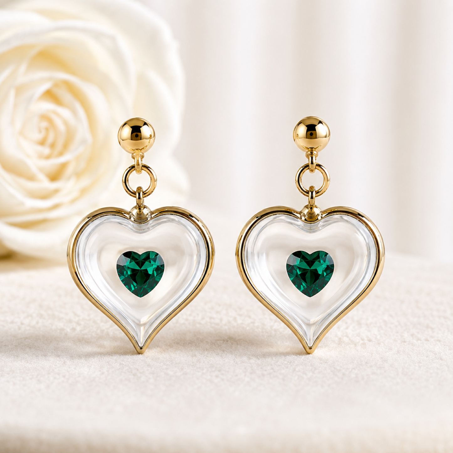 May Birthstone Heart Stud Earrings Green Crystal Heart Earrings, Birthstone Gift for Her