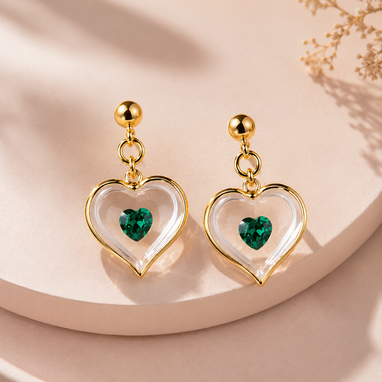 May Birthstone Heart Stud Earrings Green Crystal Heart Earrings, Birthstone Gift for Her