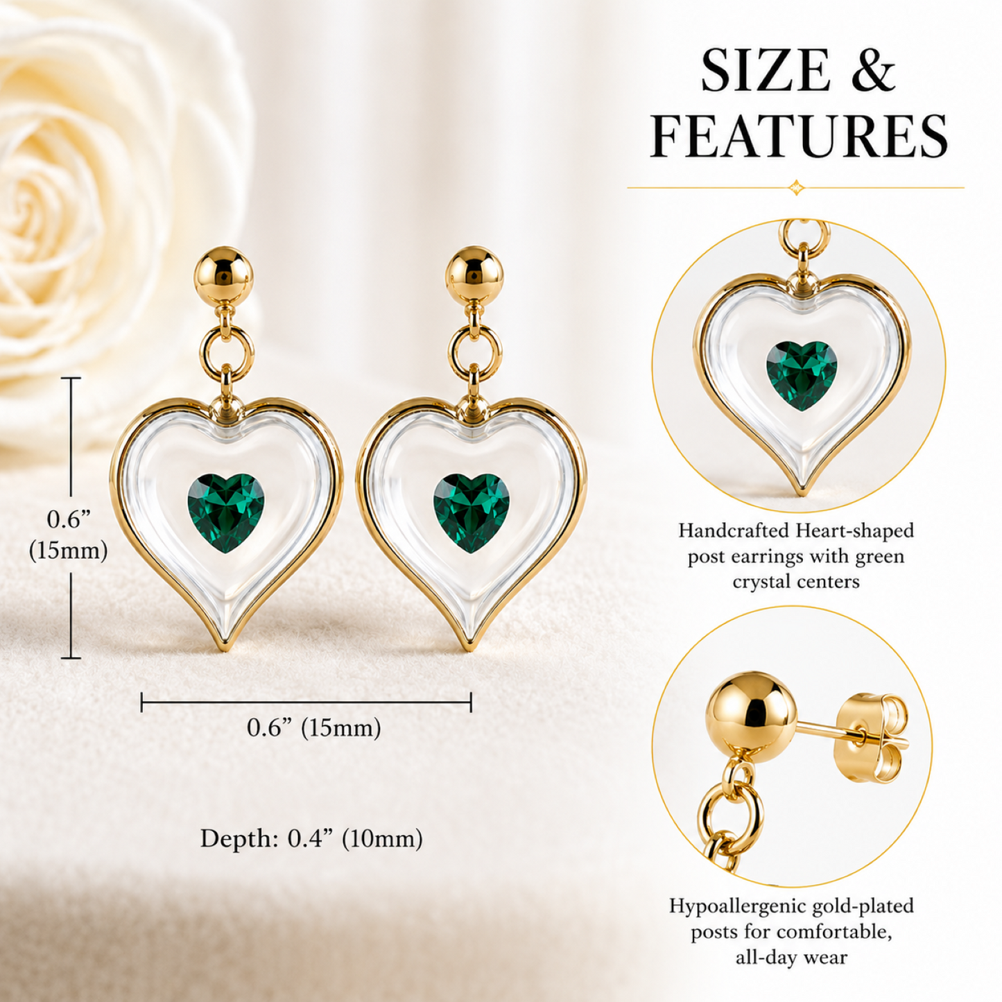 May Birthstone Heart Stud Earrings Green Crystal Heart Earrings, Birthstone Gift for Her
