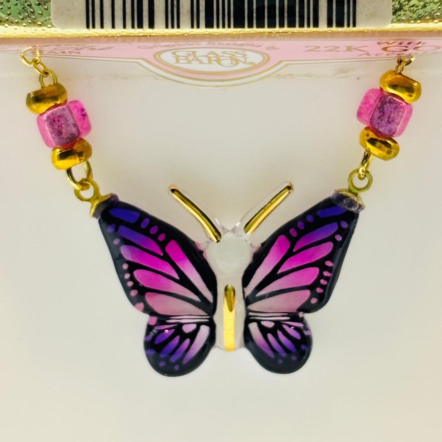 Purple Butterfly Necklace Handcrafted Glass Pendant on Gold Plated Chain