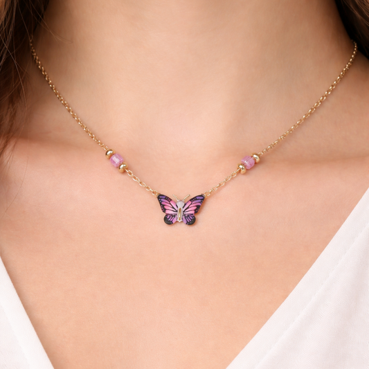 Handcrafted purple butterfly glass pendant necklace on gold plated beaded chain
