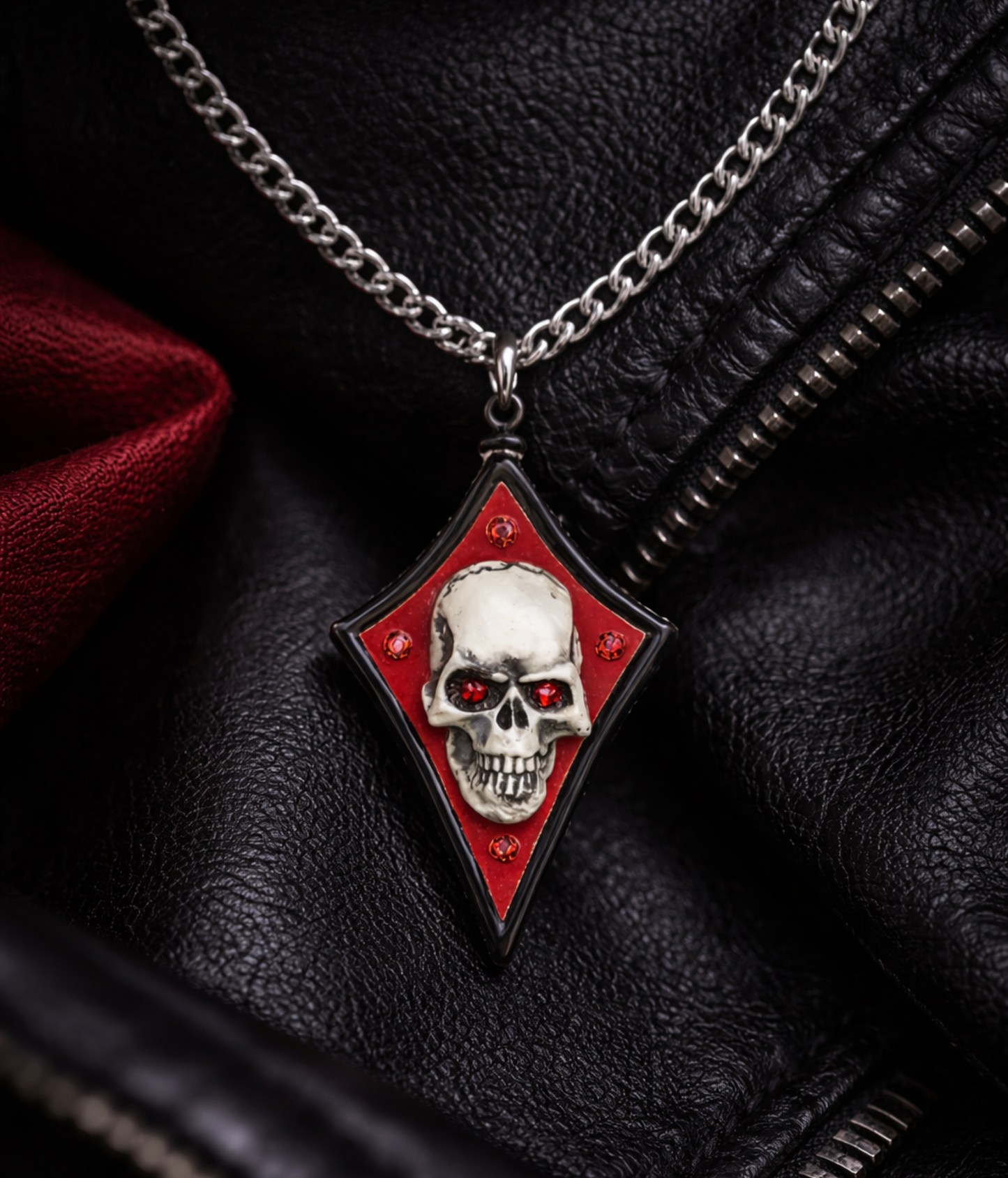 Diamond Shape Skull Necklace Handcrafted Gothic Glass Skull Pendant on Silver Chain