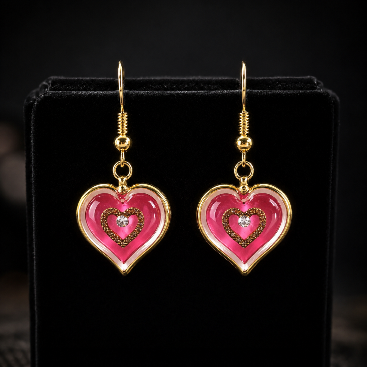 Pink Heart Drop Earrings Heart Dangle Earrings, Romantic Gift for Her, Crystal Heart Jewelry