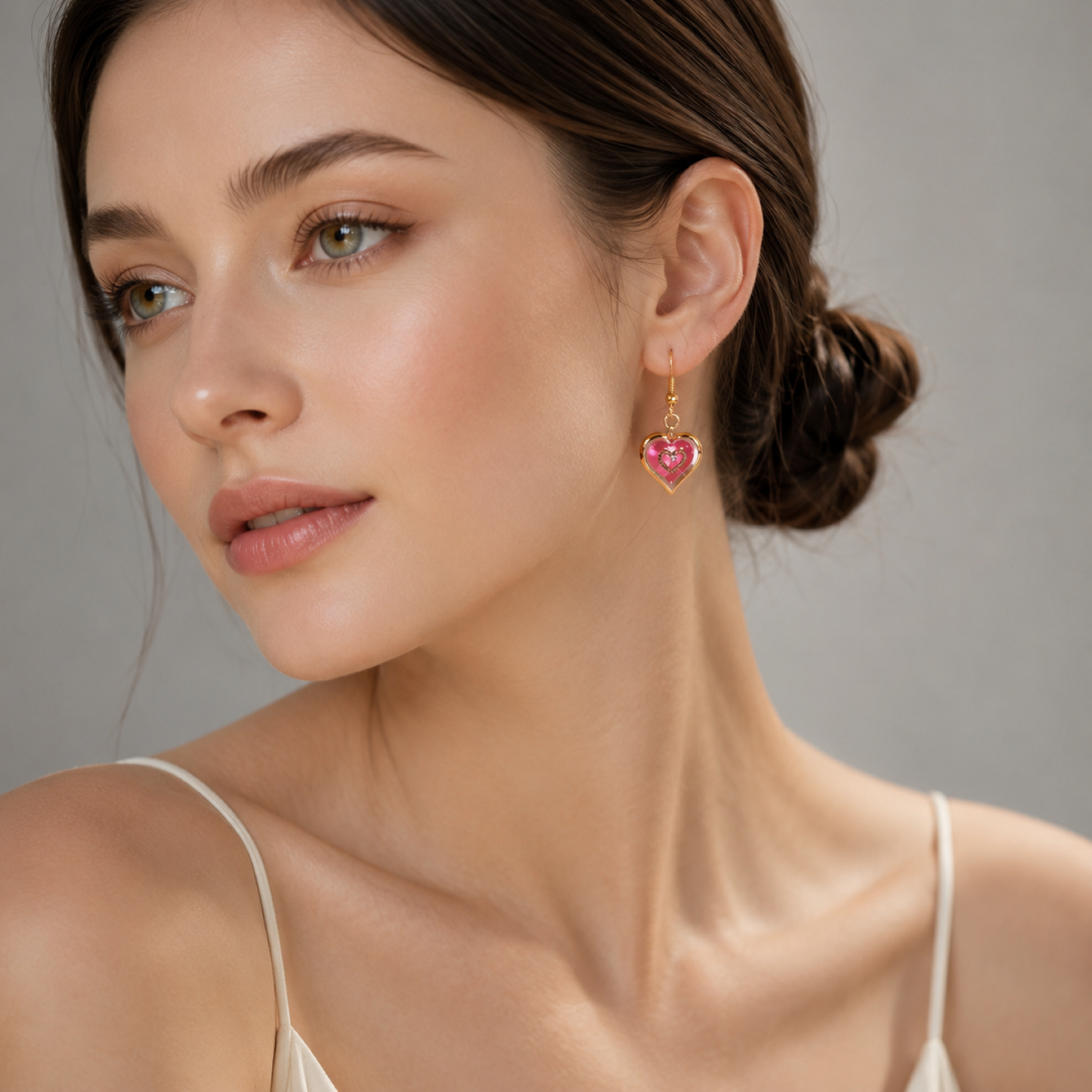 Pink Heart Drop Earrings Heart Dangle Earrings, Romantic Gift for Her, Crystal Heart Jewelry