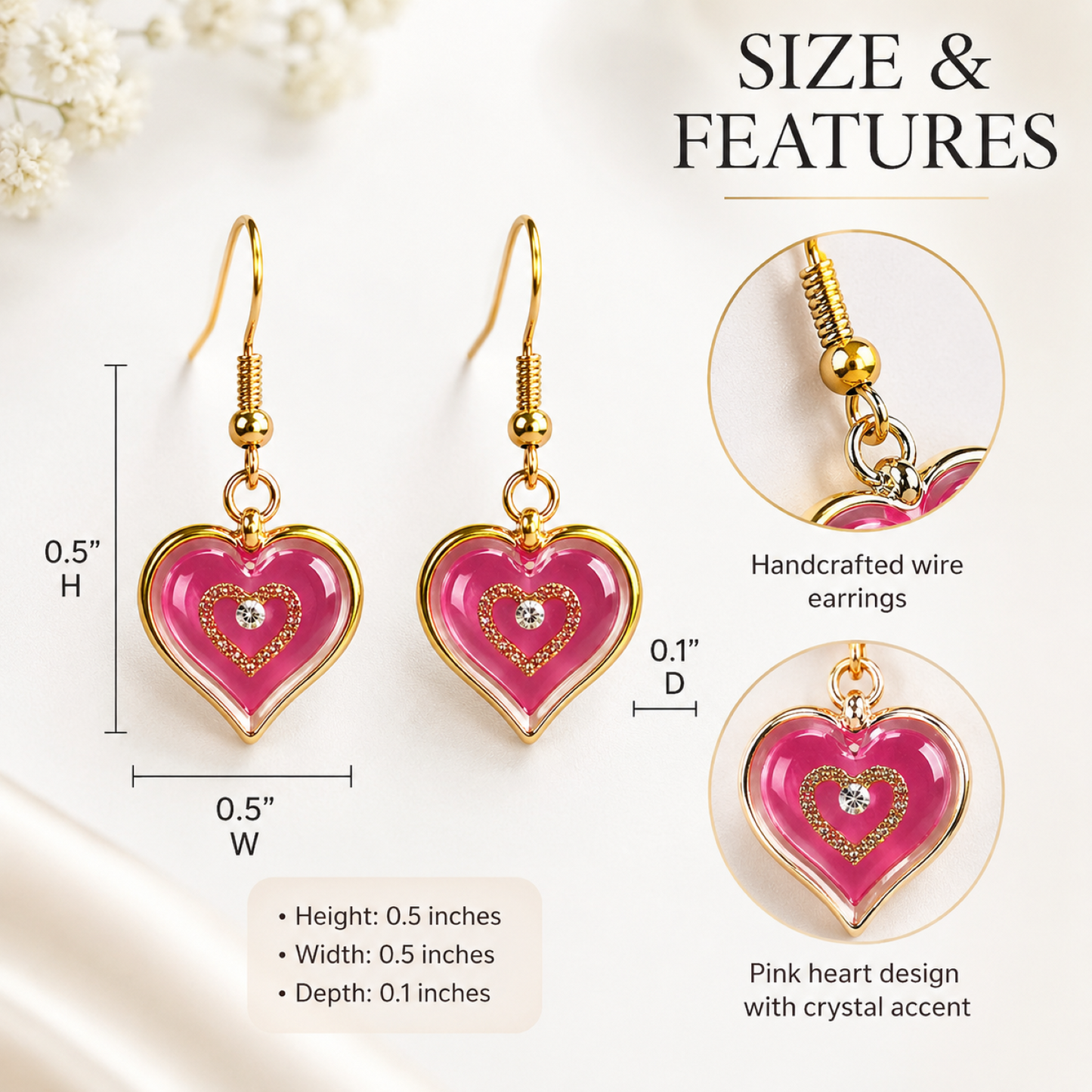 Pink Heart Drop Earrings Heart Dangle Earrings, Romantic Gift for Her, Crystal Heart Jewelry