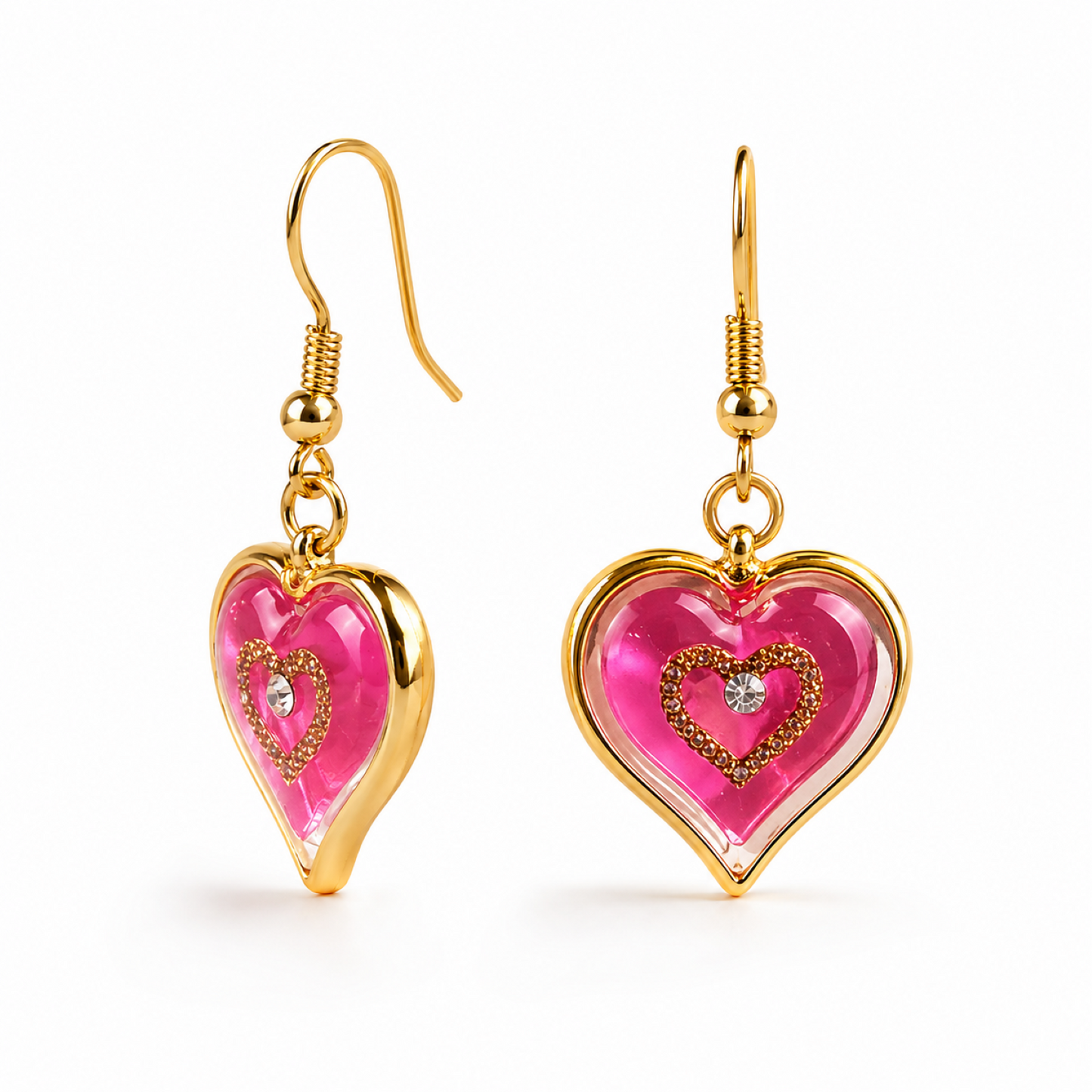 Pink Heart Drop Earrings Heart Dangle Earrings, Romantic Gift for Her, Crystal Heart Jewelry