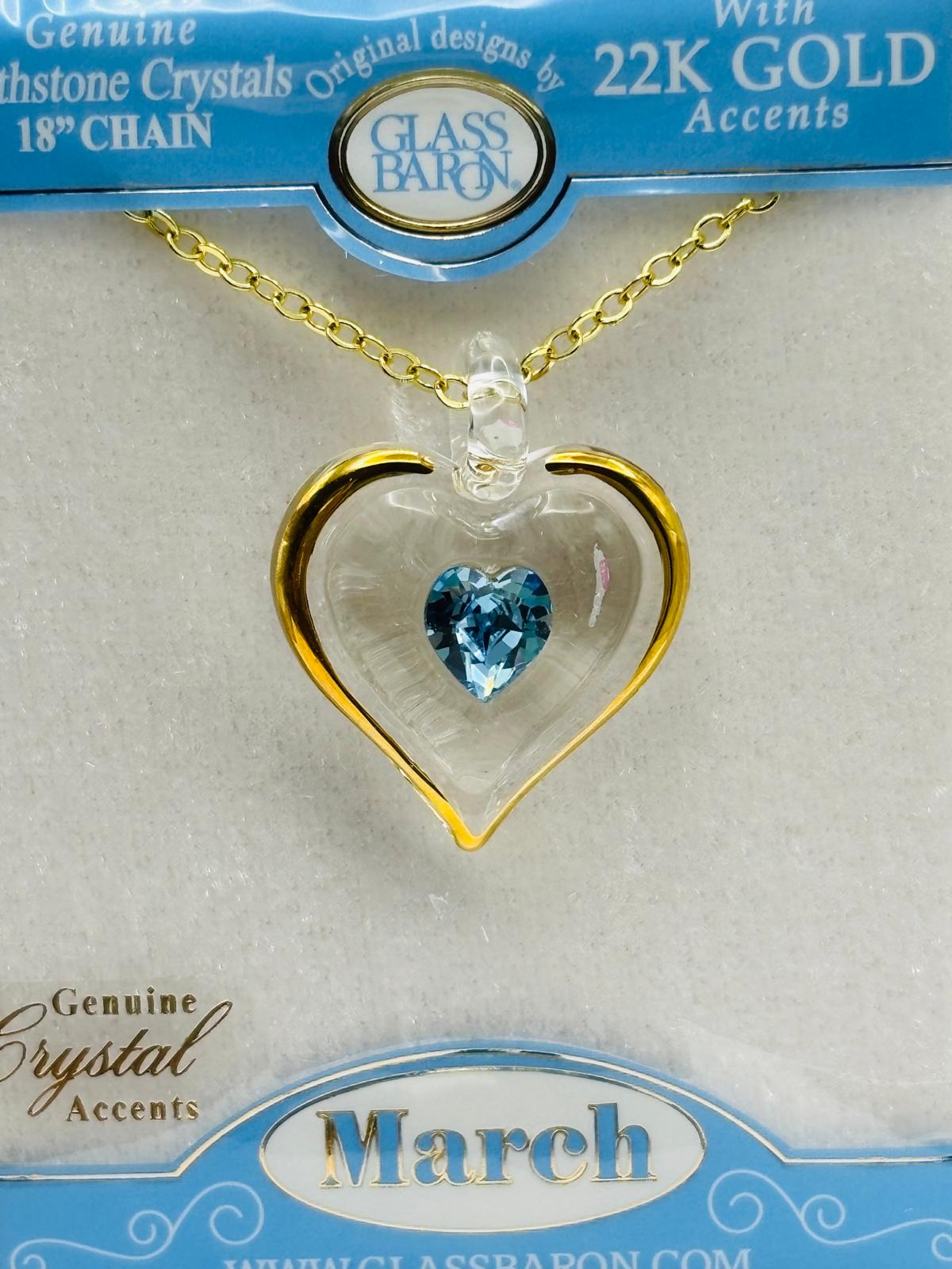 March Birthstone Heart Necklace Aquamarine Crystal Heart Pendant on Gold Chain