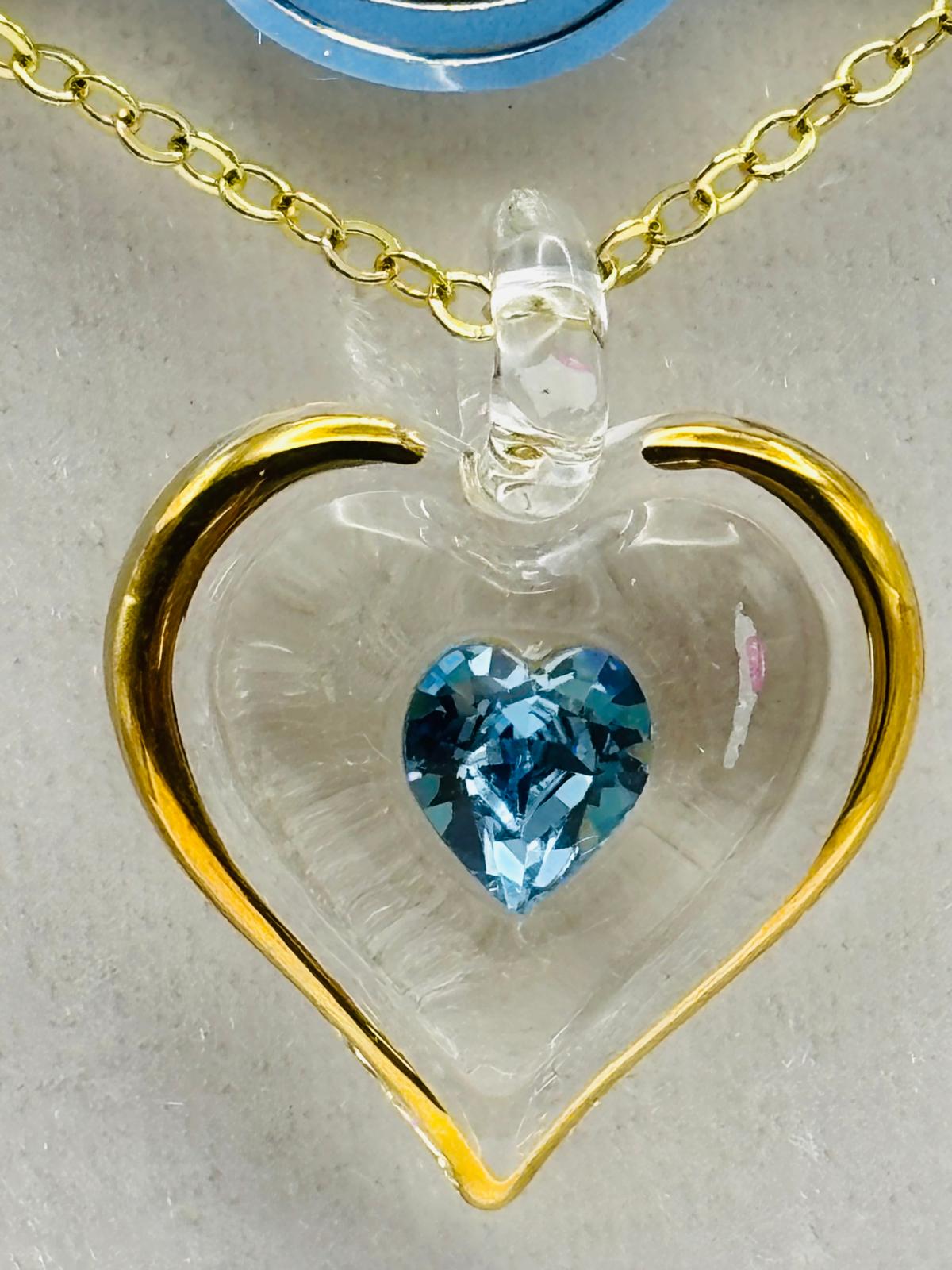 March Birthstone Heart Necklace Aquamarine Crystal Heart Pendant on Gold Chain