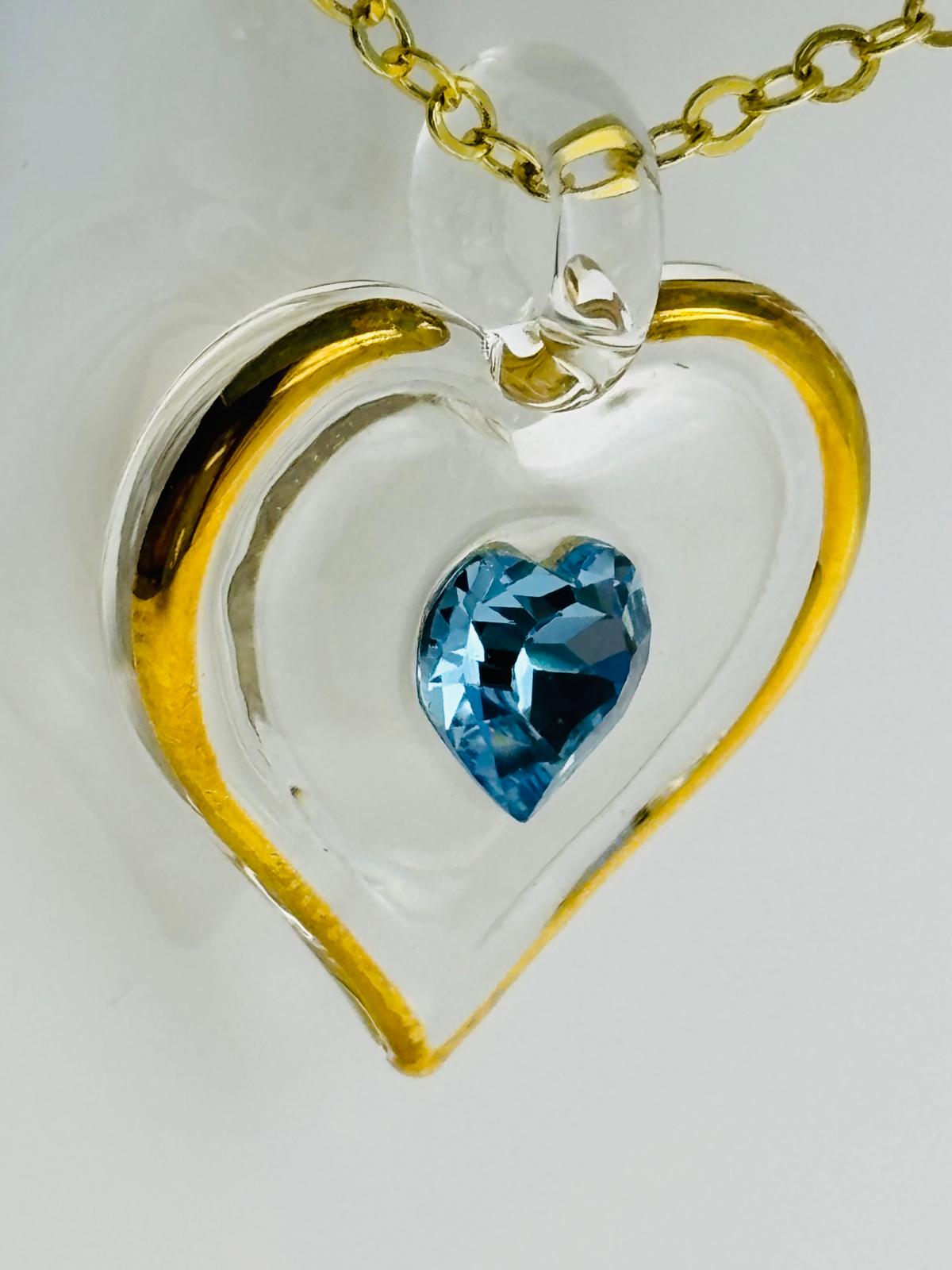 March Birthstone Heart Necklace Aquamarine Crystal Heart Pendant on Gold Chain