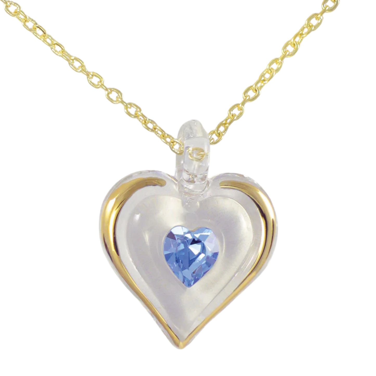 March birthstone heart necklace with aquamarine crystal pendant on gold chain