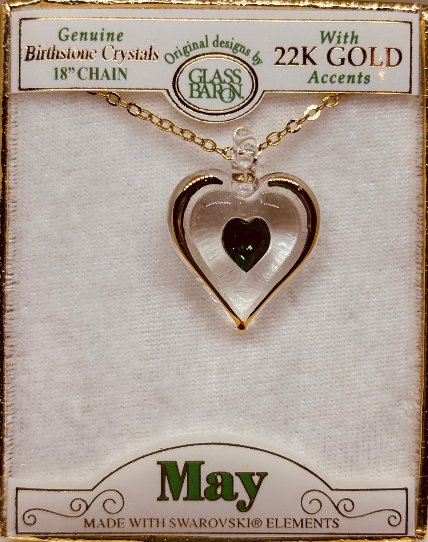 May birthstone heart necklace with green crystal pendant on 18 inch gold chain