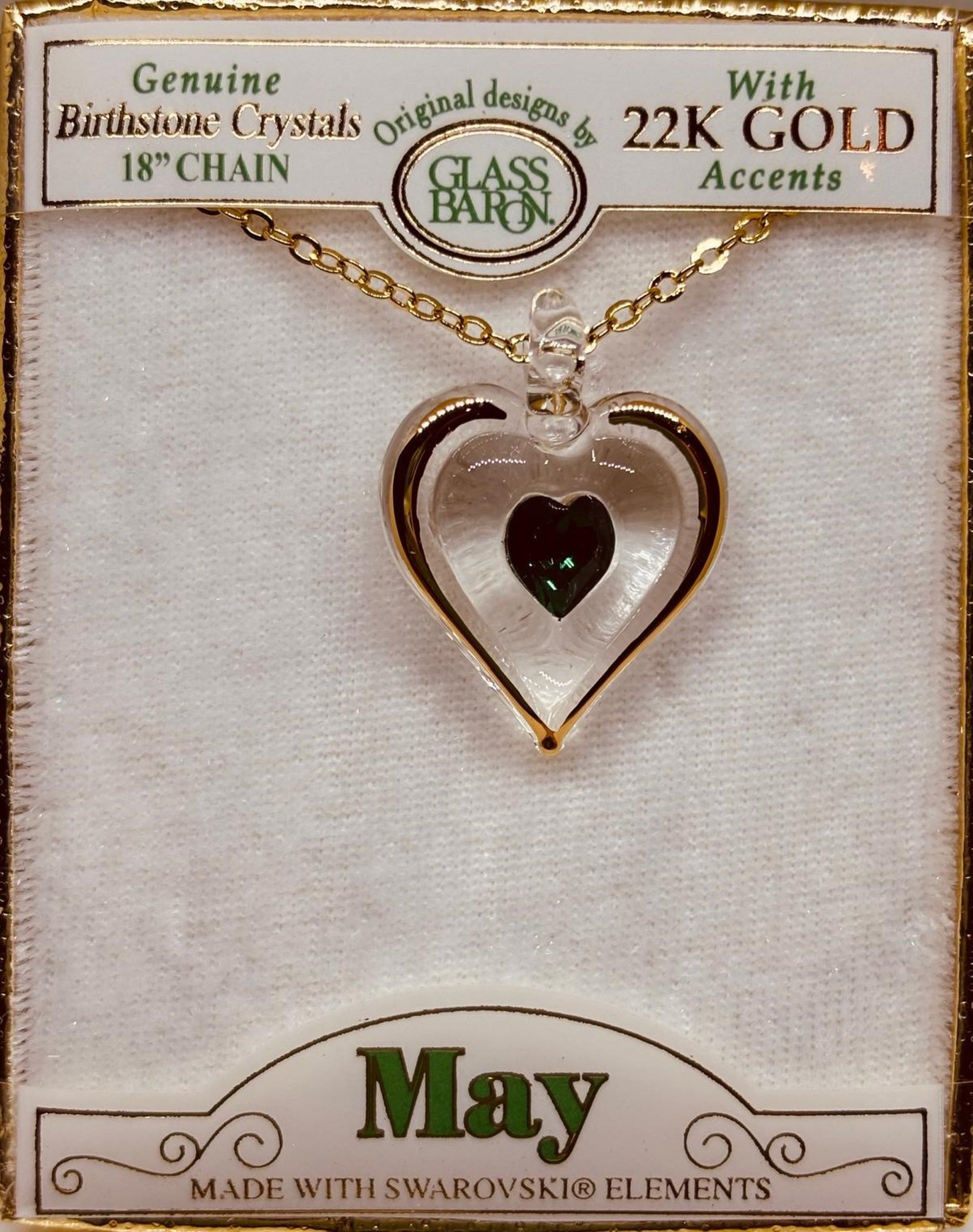 May birthstone heart necklace with green crystal pendant on 18 inch gold chain