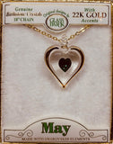 May birthstone heart necklace with green crystal pendant on 18 inch gold chain