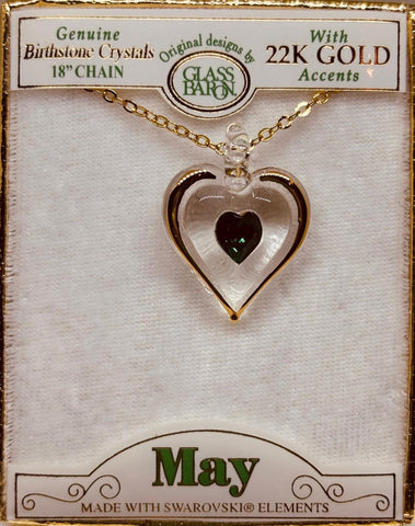 May birthstone heart necklace with green crystal pendant on 18 inch gold chain