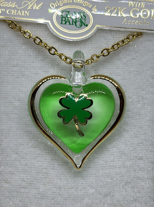 Lucky heart necklace with four leaf clover pendant on 18 inch gold plated chain