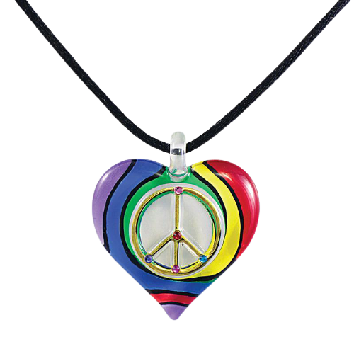 Rainbow Peace Sign Heart Pendant Necklace – Glass Heart Necklace on Black Cord