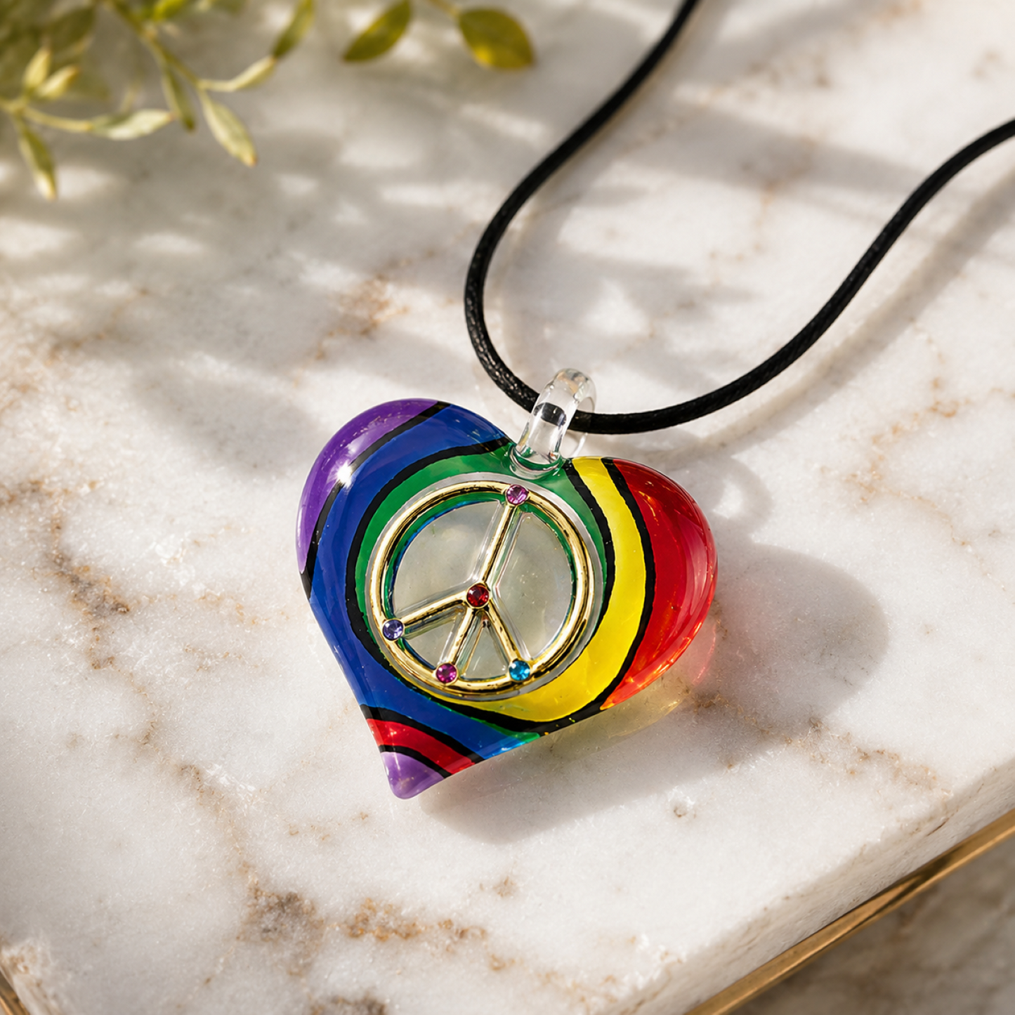 Rainbow Peace Sign Heart Pendant Necklace – Glass Heart Necklace on Black Cord