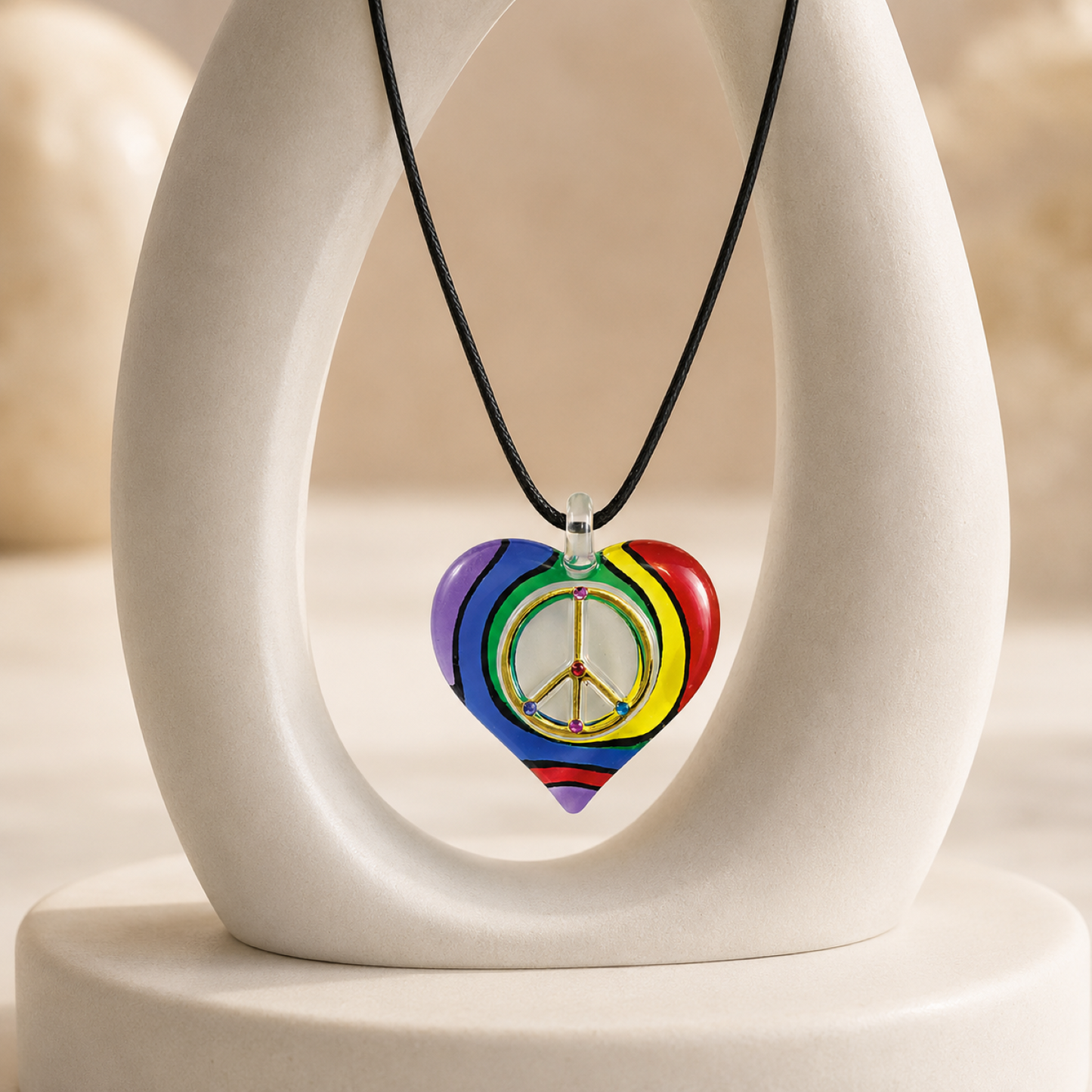 Handcrafted rainbow heart pendant necklace with a gold-tone peace sign, crystal accents, and a 20-inch black cord.