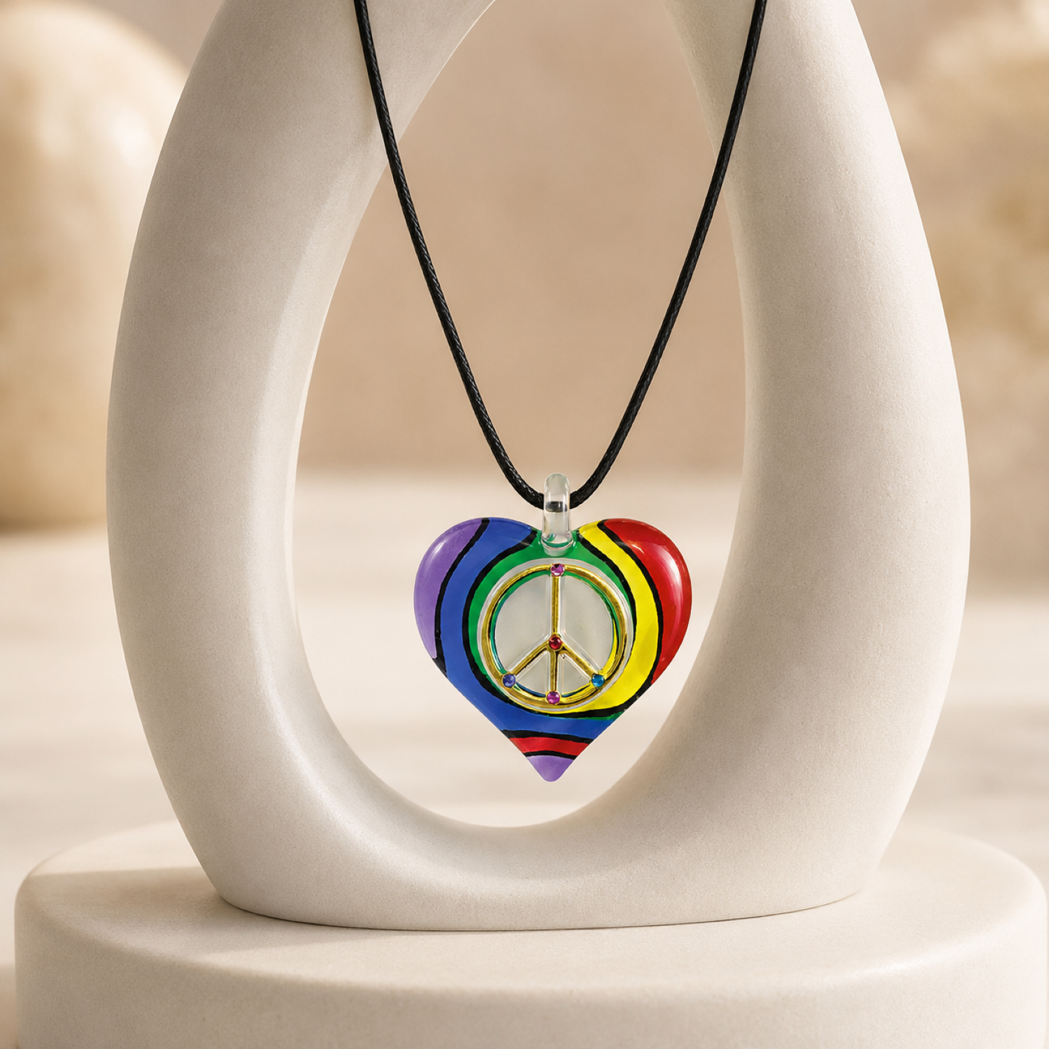 Handcrafted rainbow heart pendant necklace with a gold-tone peace sign, crystal accents, and a 20-inch black cord.