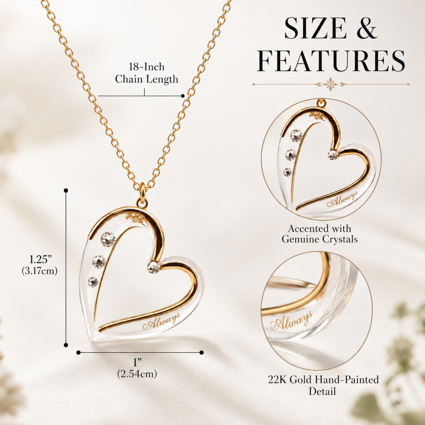Heart Pendant Necklace, Crystal Necklace, Gold Plated Glass Jewelry, Romantic Gift for Her, Anniversary Gift, 18-Inch Chain