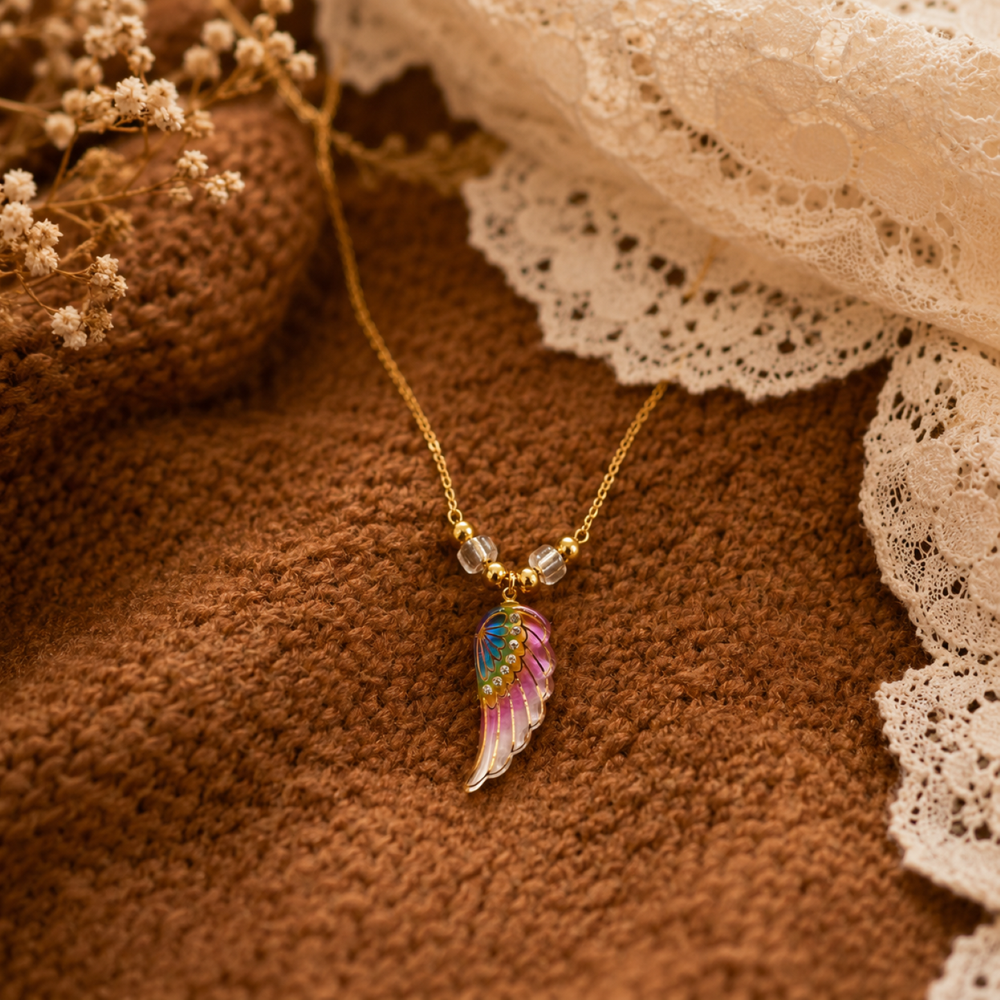 Rainbow Angel Wing Necklace | Handcrafted Crystal Pendant Gift for Her