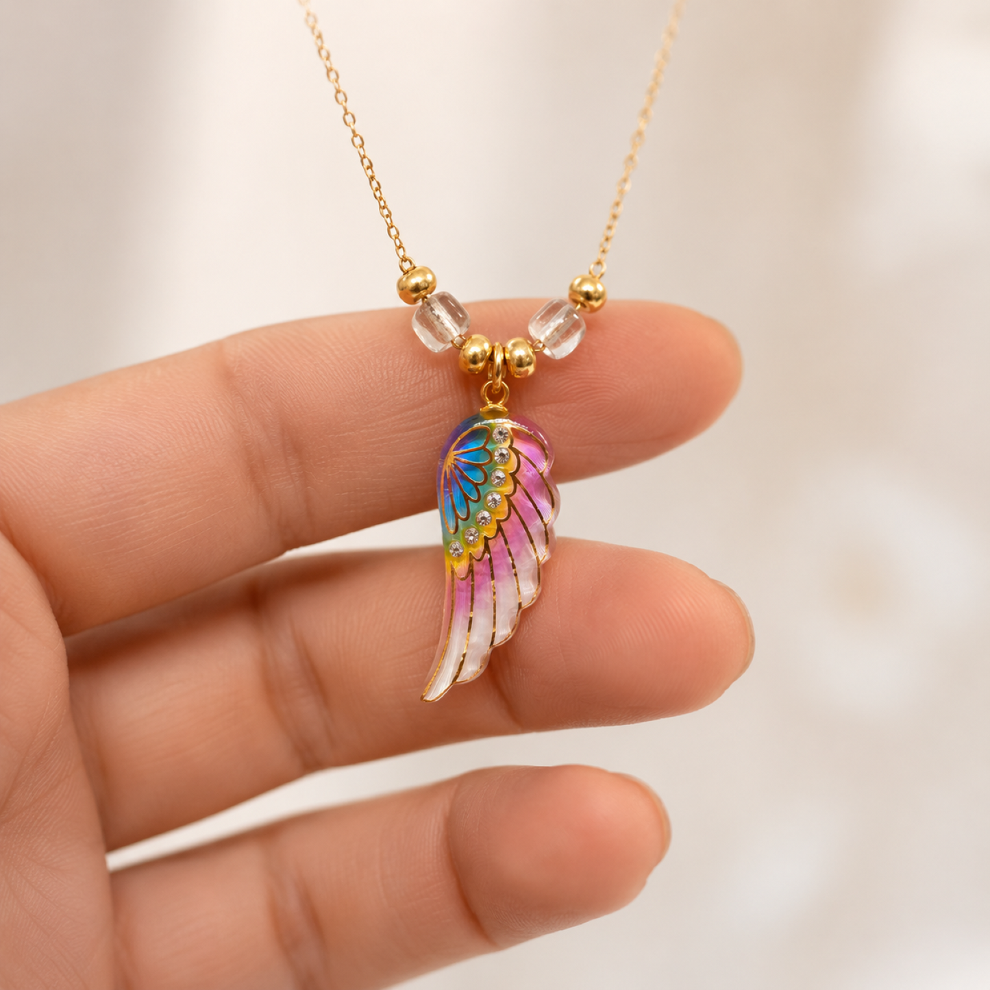 Rainbow Angel Wing Necklace | Handcrafted Crystal Pendant Gift for Her