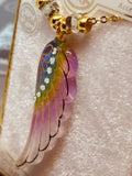 Rainbow Angel Wing Necklace Handcrafted Glass Pendant with Crystals on 18" Gold Chain