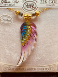 Rainbow Angel Wing Necklace Handcrafted Glass Pendant with Crystals on 18" Gold Chain