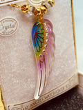 Rainbow Angel Wing Necklace Handcrafted Glass Pendant with Crystals on 18" Gold Chain