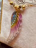 Rainbow Angel Wing Necklace Handcrafted Glass Pendant with Crystals on 18" Gold Chain