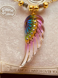 Rainbow Angel Wing Necklace Handcrafted Glass Pendant with Crystals on 18" Gold Chain