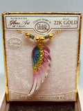 Rainbow Angel Wing Necklace Handcrafted Glass Pendant with Crystals on 18" Gold Chain