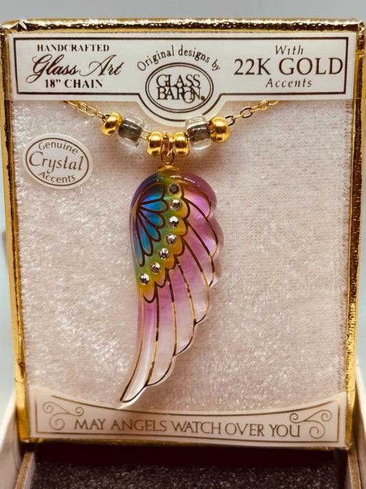 Rainbow Angel Wing Necklace Handcrafted Glass Pendant with Crystals on 18" Gold Chain