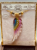 Rainbow Angel Wing Necklace Handcrafted Glass Pendant with Crystals on 18" Gold Chain