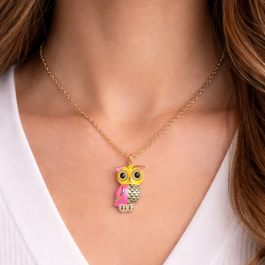 Handcrafted colorful glass owl necklace on 18 inch gold plated chain