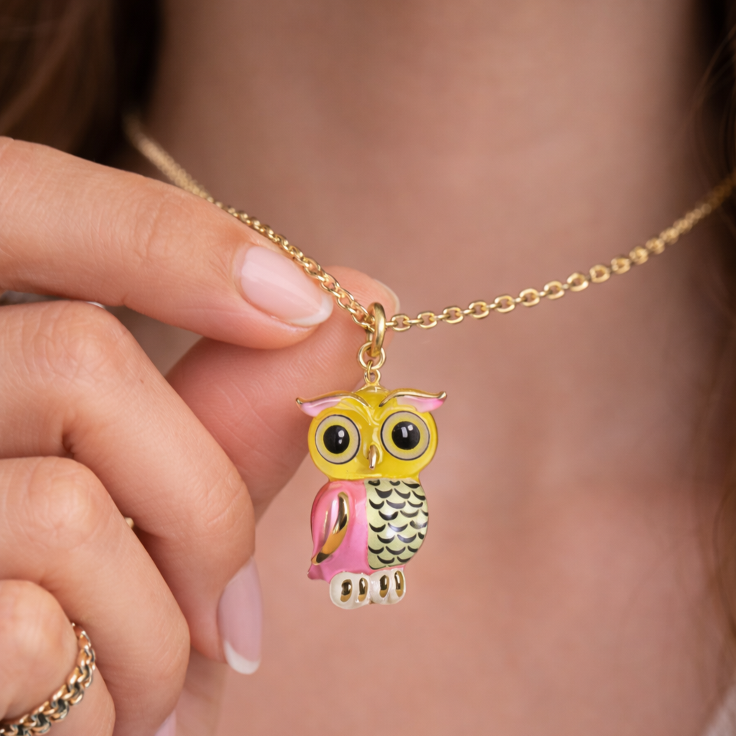 Handcrafted Owl Necklace Glass Owl Pendant on 18" Gold Plated Chain