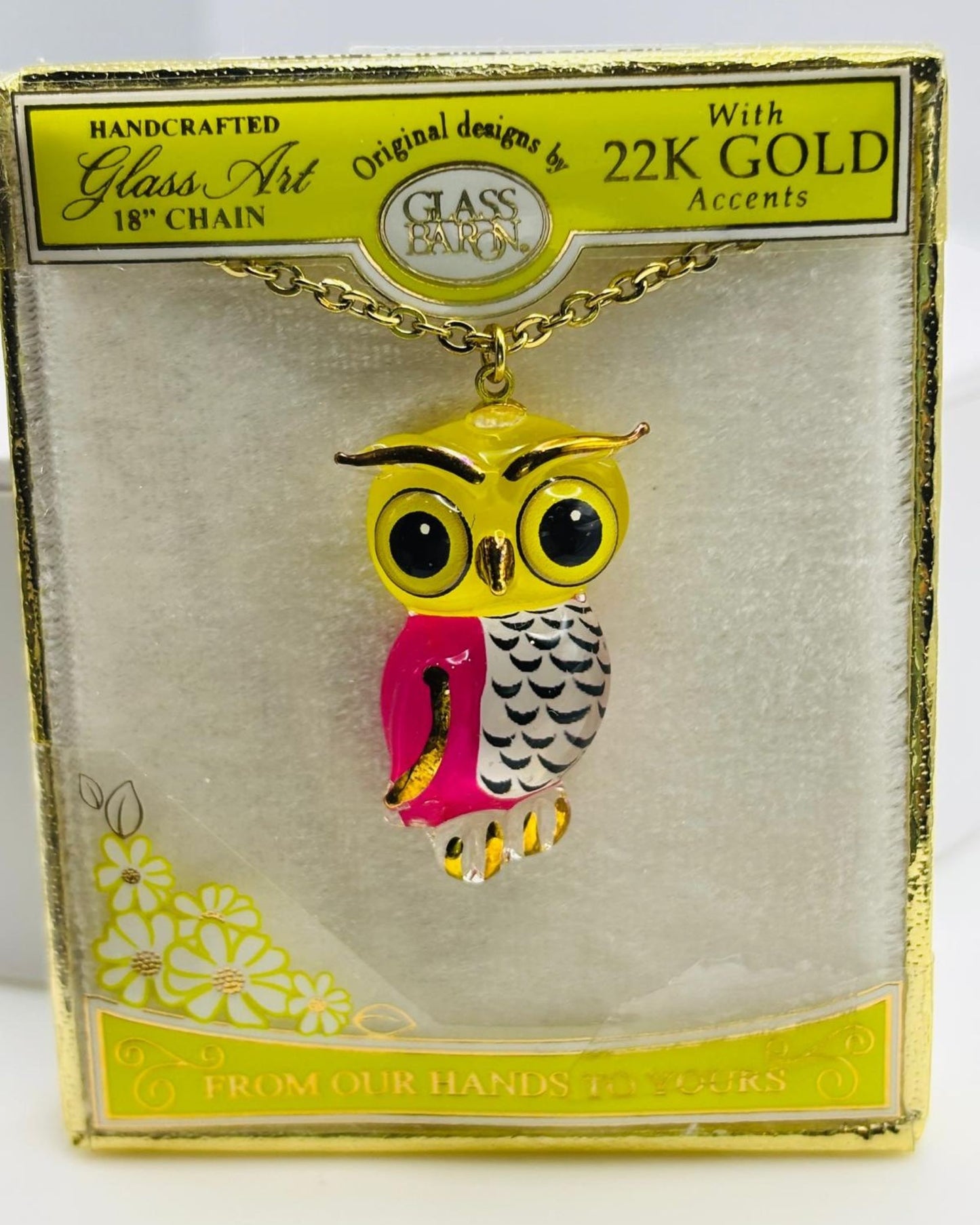 Handcrafted Owl Necklace Glass Owl Pendant on 18" Gold Plated Chain