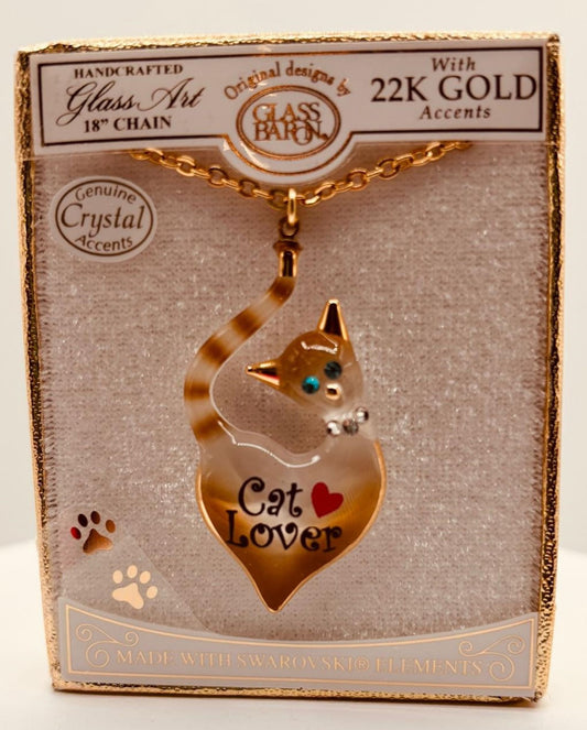 Cat-shaped crystal pendant necklace with gold accents on 18-inch chain in gift box