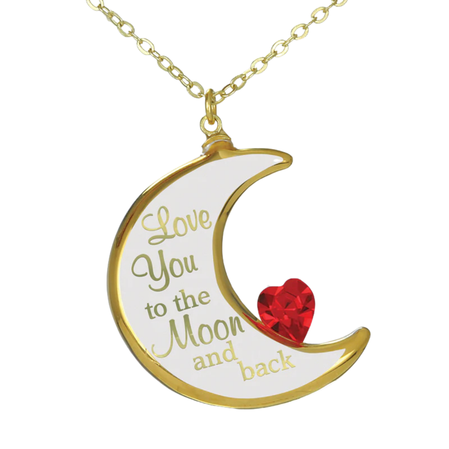 Moon shaped necklace with red heart pendant and Love you to the Moon and back message on gold chain