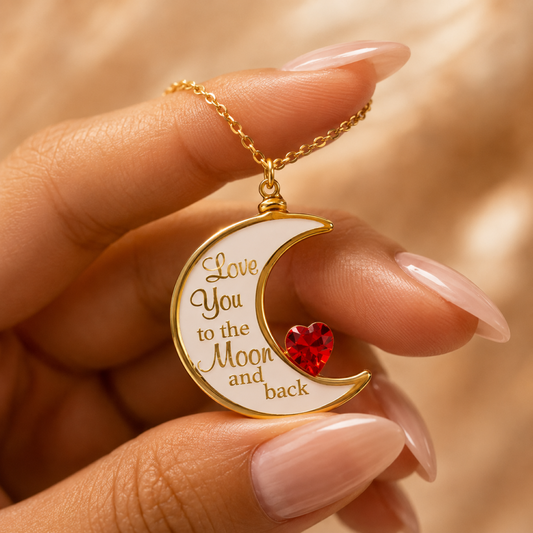 Handcrafted moon-shaped necklace with red crystal heart accent, "Love You to the Moon and Back" engraving, real 22Kt gold accents, and 18-inch gold plated chain.