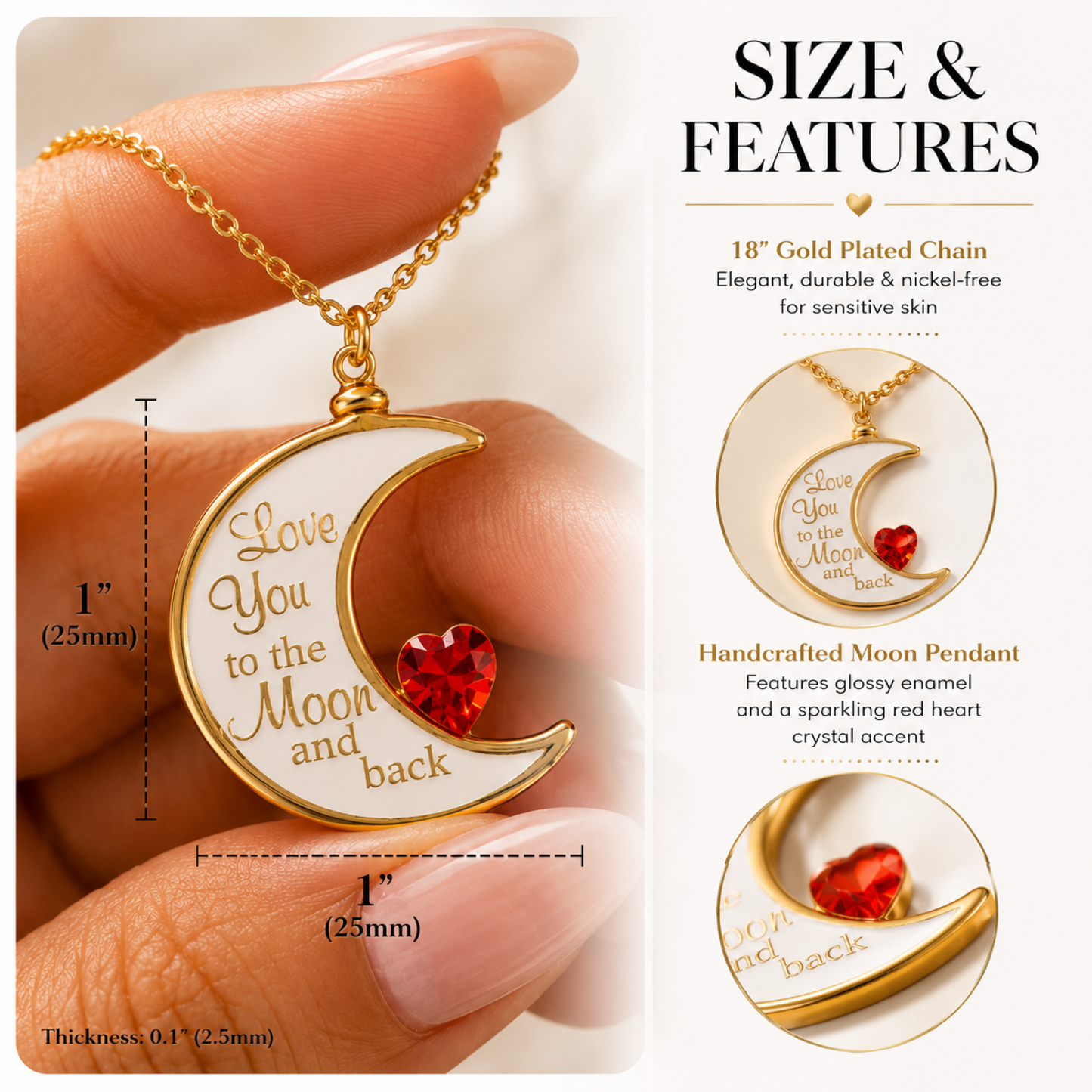 Love You to the Moon and Back Necklace Moon Pendant Gift for Her on 18" Gold Plated Chain