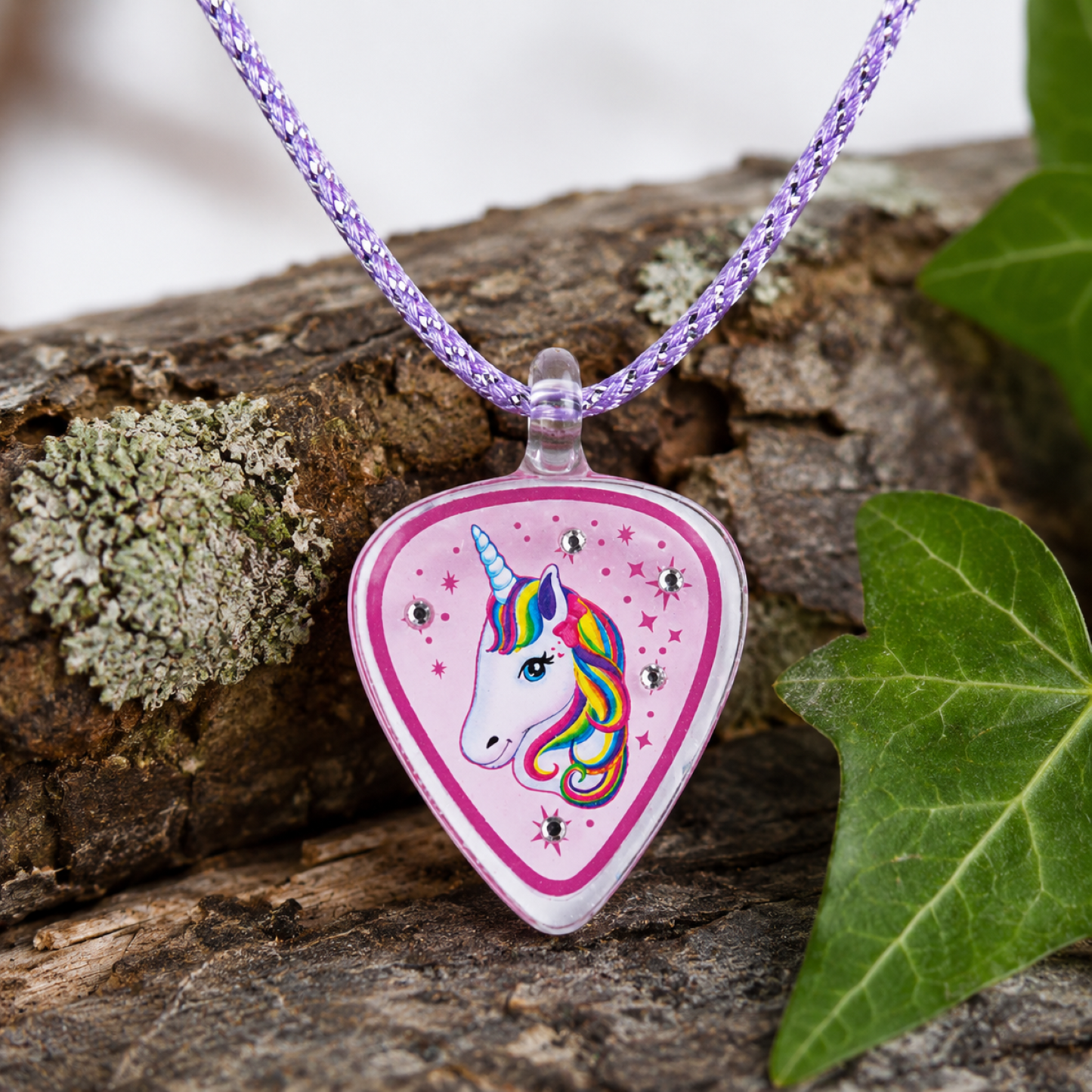 Unicorn jewelry necklace with purple cord and crystal accents